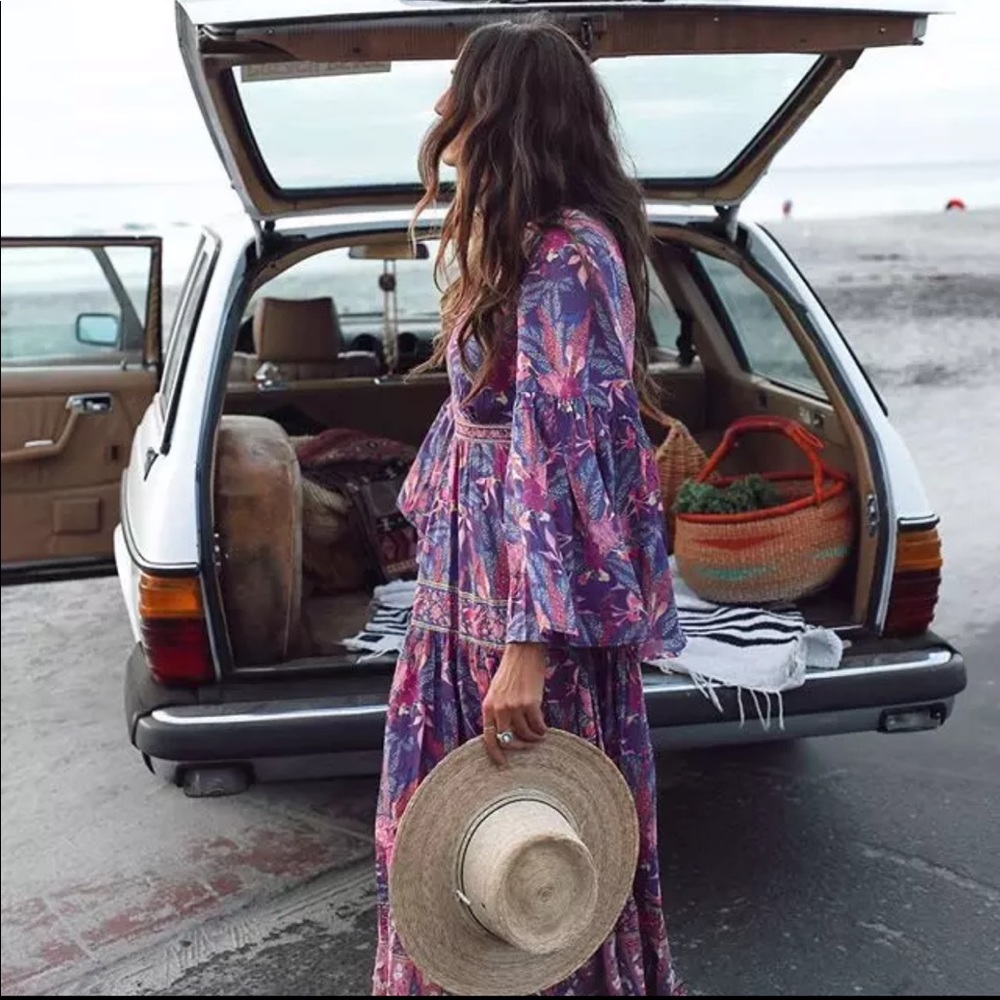 Boho Floral Print Gypsy Maxi Dress Purple Paisley - Picture 11 of 13